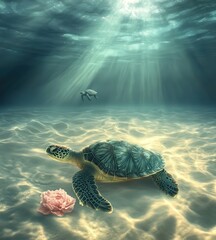 Fototapeta premium A sea turtle swims gracefully in the ocean next to a rose