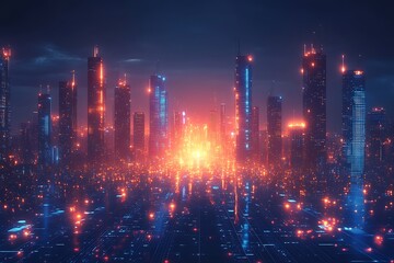 Fototapeta premium Futuristic Cityscape at Night Neon Lights, Smart City, Digital Technology