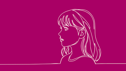 Girl face side view. Beautiful young female portrait. Fashion beauty branding design. One line art smooth curves pink background vector illustration