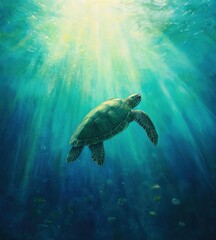 Fototapeta premium A sea turtle swims gracefully in the ocean next to a rose