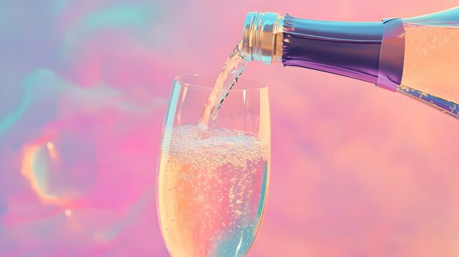 Champagne pouring into a glass against a pastel background