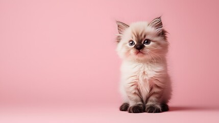 70. A fluffy Himalayan kitten sitting elegantly on a pastel dusty rose background