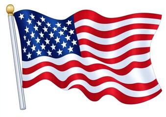 Fototapeta premium An American flag waves gracefully in the wind against a white background