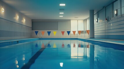 Indoor pool with flags and clean water, for swimming classes and exercises, recreation, or sports