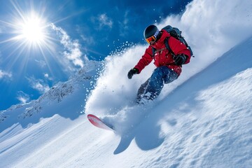 Snowboarder descending snowy mountain slope on sunny day