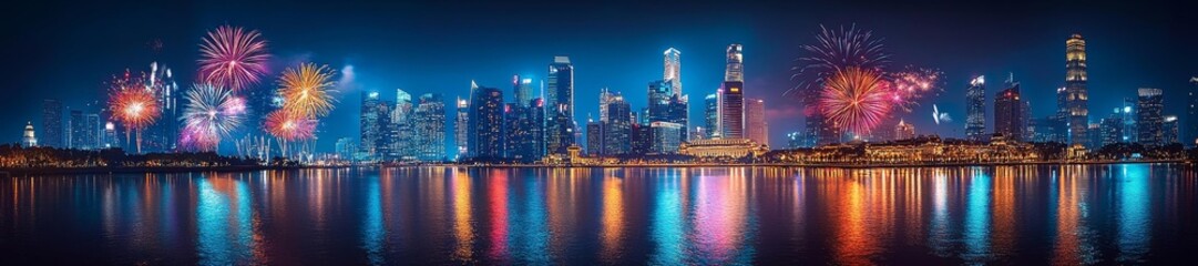 Obraz premium Vibrant Nighttime Cityscape with Colorful Fireworks Lighting Up the Skyline. Generative AI