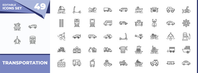 outline icons set - transportation concept. vector icons included houseboat, suv and more. © IconArt