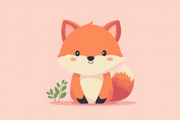 Cute smiling fox sitting near green plant on pink background