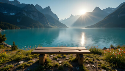 Lake View From Wooden Bench with Mountains and Sun Shining