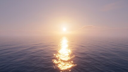 Obraz premium Serene sunset over calm ocean with sun reflecting on water.