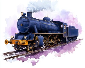 Naklejka premium Dark Blue Steam Locomotive Watercolor Painting with Gold Accents