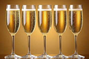 A Stunning Display of Five Fluted Champagne Glasses Filled with Sparkling Golden Bubbles Against a Warm Golden Background, Perfect for Celebrations