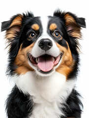 Smiling tricolor dog portrait on a white background looking at the camera