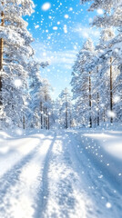 Naklejka premium Snowflakes falling on path in snowy forest with blue sky shining through
