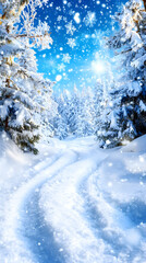 Fototapeta premium Snowy Path through Winter Forest. Flurries Falling from Blue Sky, Sunburst
