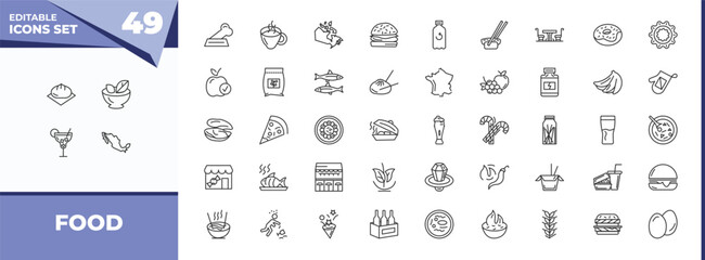 outline icons set - food concept. vector icons included wonton, vegetarian food and more.