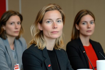 Three Professional Women Engaged in Discussion at a Conference, Featuring a Focused Middle-Aged Blonde Woman and Two Other Attentive Colleagues in a Modern Meeting Room