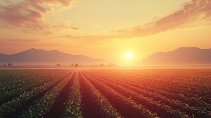 Sunrise over rows of crops in a vast field, mountains in the background. Illustrates agriculture, growth, and the beauty of nature at dawn.