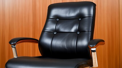 Black Leather Office Chair with Button Tufting and Wooden Accents