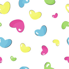 Colorful hearts seamless pattern on white background. Pink, blue, yellow, and green hearts on white. Pattern for fabrics, textile, background, bedding, covering, and e.t.c.