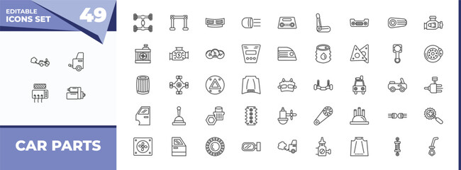 outline icons set - car parts concept. vector icons included car tailpipe, car towbar and more.