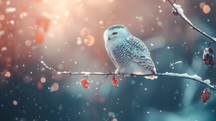 Snowy owl perched on a snow-covered branch in winter. (1)