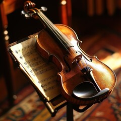 Fototapeta premium Antique violin rests on a stand with sheet music.