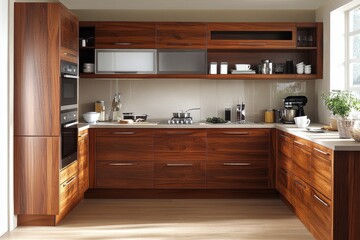 Modern walnut kitchen with built-in appliances. Ideal for interior design, home decor, or real estate websites.