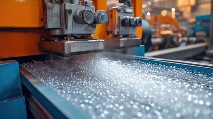 Industrial machine processes small spheres. Illustrates manufacturing, automation, and production.