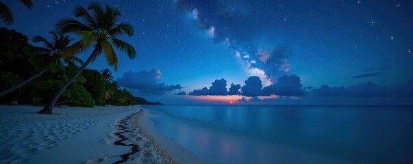 Breathtaking panoramic night scene, tropical beach under starry sky, night sky, travel, vacation