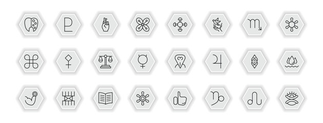 outline icons set - zodiac concept. vector icons included tartar, good luck, understanding, sulphur and more.