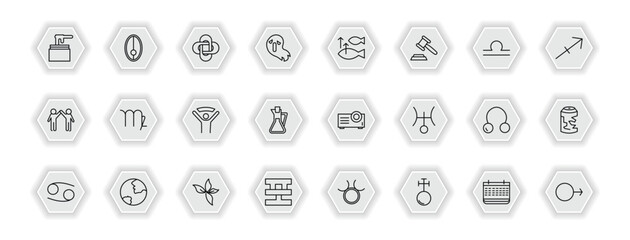 outline icons set - zodiac concept. vector icons included wax, hypocrisy, abundance, virgo and more.