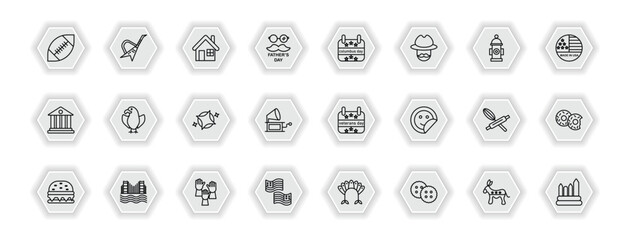 outline icons set - united states of america concept. vector icons included rugby, white house, columbus day, eagle and more.