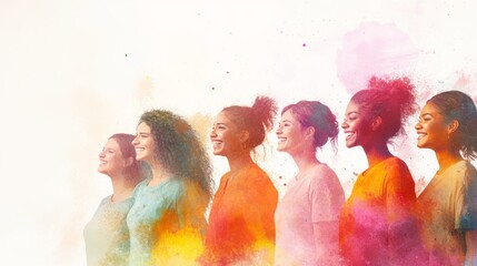 A vibrant scene of women from various backgrounds, standing together happily