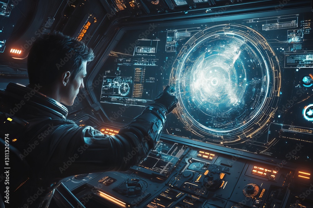 Poster a man in a space suit is pointing at a glowing object on a computer screen