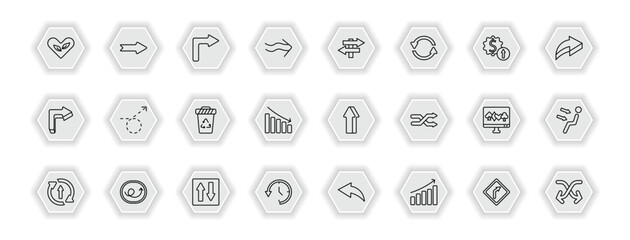 outline icons set - user interface concept. vector icons included ecologic heart, right turn, road, curly dotted arrow and more.