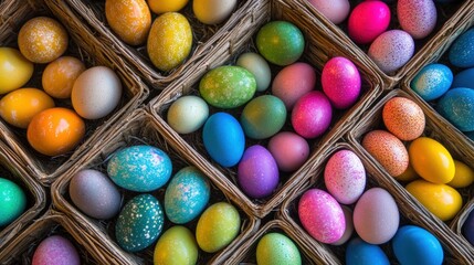 Colorful decorated eggs arranged in wicker baskets for celebration