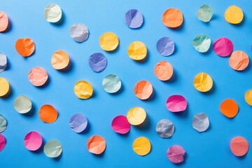 Colorful confetti scattered on blue background. Perfect for party, celebration, and festive designs.