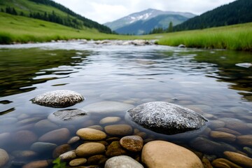 Crystal clear mountain river flowing over rocks with mountains in background