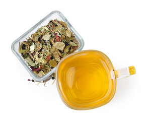 Delicious herbal tea and dry leaves isolated on white, top view
