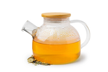 Delicious herbal tea and dry leaves isolated on white