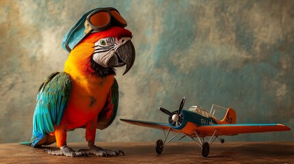 Naklejka premium Parrot wearing a pilot hat perched next to a toy airplane, aviation theme with space for text