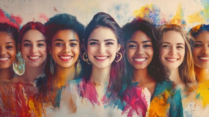 A vibrant scene of women from various cultural backgrounds, all smiling brightly