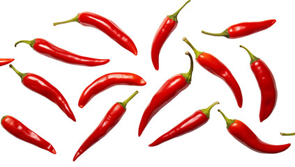 Falling red chili peppers, isolated on transparent background