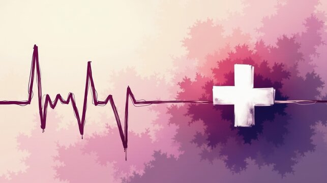 A stock illustration representing Immigration policy in purple and beige, with dynamic brushstrokes, medical cross, and heartbeat lines, illustrating spatial complexity and priority.