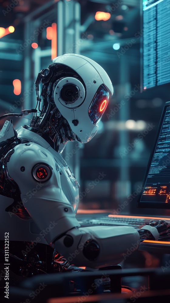 Poster futuristic robot working on computer in high-tech environment