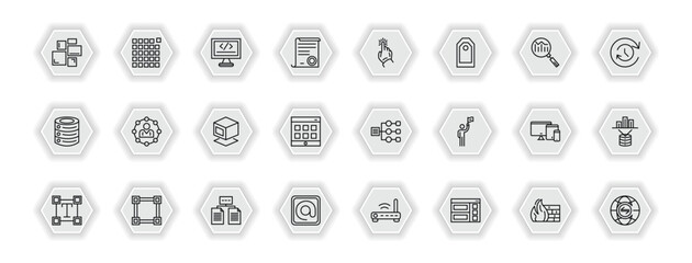 outline icons set - technology concept. vector icons included grid system, self-closing tag, click through rate, affiliate marketing and more.