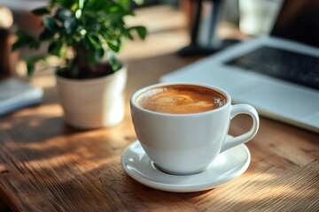 Coffee cup sitting on wooden desk with laptop and plant