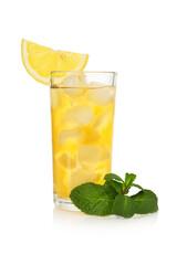 Refreshing iced tea with slice of lemon and mint isolated on white