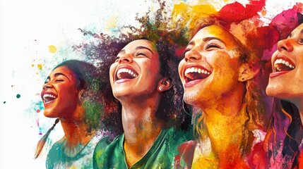 A vibrant scene of women from various cultural backgrounds, all smiling brightly
